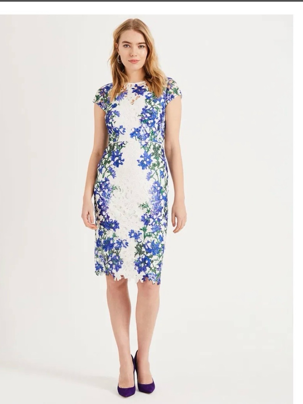 White Midi Dress with Blue Floral Lace - Women